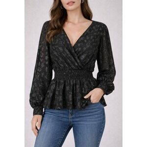 Frank Lyman Peplum Top Womens 6 Black Metallic Leopard Print Surplice Smocked
